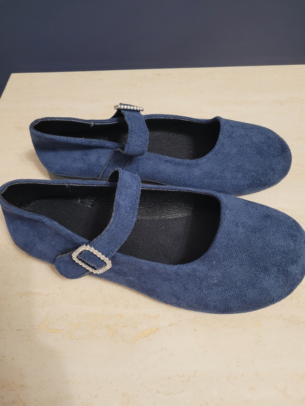 047 Chic Navy Faux-Suede Mary Jane Flats - Rhinestone Buckles, EU 37 / US 6.5-7 - Picture 3 of 12